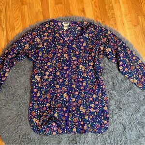 Silx August Silk Navy Floral Button-Up Blouse Size L